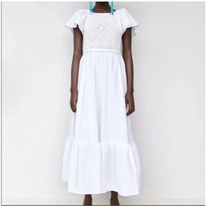 Zara White Crochet Boho Midi Dress